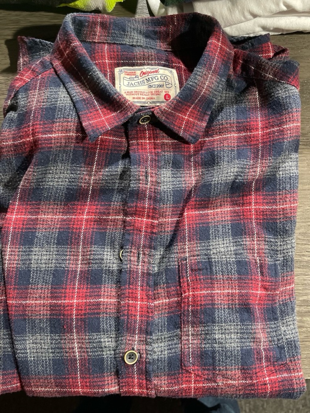 Mens Sz L Jachs MFG Co Red & Navy Plaid Flannel Shirt